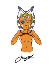 1girls ahsoka_tano alien alien_girl amateur_artist blue_eyes breasts female female_only flashing jedi jedi_padawan orange_skin shirt_lift solo star_wars tagme teen terax text the_clone_wars:_season_one togruta tongue_out wink winking winking_at_viewer young