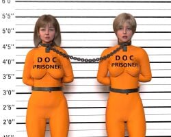 2girls 3d arms_behind_back bodysuit bondage chained_together clothed_bondage fantasytubasa female female_only fully_clothed fully_clothed_female height_chart mother_and_daughter orange_bodysuit original prisoner