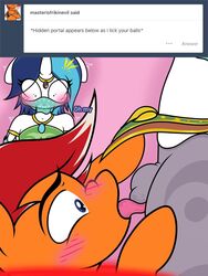 2boys anthro ask_blog ask_bottom_armor blush breath_of_the_wild bulge dialogue equid fellatio friendship_is_magic furry gay gerudo_link_(cosplay) gerudo_sirwal gerudo_top gerudo_veil horn lefthighkick licking male male_only mammal my_little_pony oral shining_armor_(mlp) the_legend_of_zelda thick_thighs tongue tongue_out unicorn yaoi