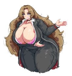 blue_eyes bra brunette_hair bushy_hair huge_breasts limbus_company littleteze open_jacket open_shirt pink_bra pink_lipstick project_moon rodion_(limbus_company) smirk tattoo_on_chest