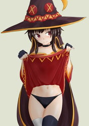 1girls black_hair black_panties blush dress embarrassed hat kono_subarashii_sekai_ni_shukufuku_wo! megumin mini_dress panties short_hair solo underwear witch_hat