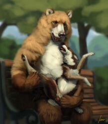 2025 absurd_res anthro anthro_on_feral bear bench breath brown_body brown_fur canid canine canis deer duo female feral fokker_(artist) fur genitals hi_res holding_leg hybrid juniper_(fishymishy) looking_at_another male male/female mammal mishka_(fishymishy) on_lap outside panting park park_bench paws plant public semi-anthro sitting spread_vulva spreading tree vulva white_body white_fur wolf zoophilia