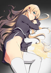 black_serafuku blonde_hair blue_eyes blush female hair_ornament hairclip highres hiiragi_asuka legs long_hair looking_at_viewer lying on_side panties panties_removed peeing sakamata_(sakamata4) school_uniform serafuku skirt skirt_lift thighhighs tokyo_xanadu underwear urine very_long_hair white_legwear