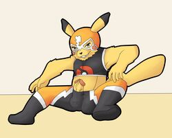 1boy altenusy anthro balls_outline clothed clothing cosplay_pikachu costume crop_top erection furry hi_res humanoid_penis male male_only mask nintendo penis pikachu pikachu_libre pokémon_(species) pokemon pokemon_oras pokemon_rgby shirt super_smash_bros. thick_thighs tight_clothing topwear video_games