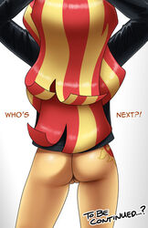 1girls ass blonde_hair bottomless comic cutie_mark english_text equestria_girls female female_only friendship_is_magic hasbro human human_only humanized jacket john_joseco long_hair multicolored_hair my_little_pony pussy red_hair solo standing sunset_shimmer text thighs two_tone_hair