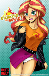 1girls blonde_hair blush clothed clothing comic cover_page english_text female female_only friendship_is_magic green_eyes human human_only humanized jacket john_joseco long_hair multicolored_hair my_little_pony panties red_hair shirt skirt smile solo sunset_shimmer text two_tone_hair white_panties