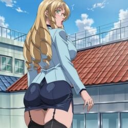 1girls adult adult_female ai_generated arm_support bent_over bible_black bible_black_new_testament blazer blonde_hair breast_focus busty drill_sidelocks earrings female_focus garter_straps glasses green_eyes head_tilt high_resolution jewelry leaning_forward lipstick long_hair looking_at_viewer makeup necklace outdoors panties pantyshot pantyshot_(standing) pencil_skirt red_lipstick revealing_clothes rooftop sensei sexually_suggestive shin_bible_black shiraki_rika shirt sidelocks sitting skimpy skimpy_clothes skirt solo stockings suggestive suggestive_look suggestive_pose teacher tight_skirt uncensored upper_body viewed_from_behind yellow_hair young_adult young_adult_female