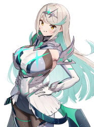 1girls absurd_res alternate_costume armor armpits black_legwear blue_eyes boots breasts core_crystal dress female female_only gonzarez hands_on_hips highres large_breasts legwear long_hair looking_at_viewer monolith_soft multicolored_hair mythra navel navel_visible_through_clothes nintendo official_alternate_costume silver_fox silver_hair smirk thigh_boots thigh_highs tights very_long_hair xenoblade_(series) xenoblade_chronicles_2 yellow_eyes