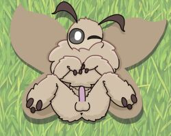 ambiguous_gender antennae_(anatomy) anthro arthropod ass black_eyes black_sclera erection fluff_(nobuddy) fluffy front_view fur genitals grass hand_on_chest happy head_tilt hi_res insect_wings insects legs_up lepidopteran lepidopteran_wings looking_at_viewer lying male moth nobuddy nude_anthro on_back on_grass on_ground one_eye_closed penis plant presenting presenting_hindquarters solo spread_legs spread_wings spreading tan_body tan_fur wings wink