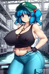 1girls ai_generated ass black_gloves black_tank_top blue_eyes blue_hair blue_jeans breasts cap city confused_face factory female fingerless_gloves gloves hands_on_hips hater hater_(hatater) huge_ass huge_breasts jeans key key_necklace laboratory looking_at_viewer mob_cap mouth_closed navel nipples nitori_kawashiro river short_hair solo_female tank_top thick thick_thighs touhou twintails