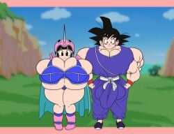 1980s_(style) 1boy 1girls accurate_art_style aged_up armor bangs belt big_breasts bikini bikini_armor black_eyes black_hair blue_bikini blue_legwear blue_socks blunt_bangs boots breasts cape chichi chichi's_armor closed_smile day dougi dragon_ball erection erection_under_clothes erection_under_clothing female gloves goku green_cape helmet huge_breasts large_breasts legwear long_hair lowleg male muscular muscular_male navel no_pupils pants penis penis_under_clothes pink_boots pink_gloves purple_pants purple_shirt shirt shoes short_hair sidelocks sleeveless sleeveless_shirt smile socks son_goku spiked_hair spikes straight_hair style_parody swimsuit swimwear white_belt wristband