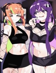 2d_animation 2girls animated black_choker boob_window breast_press brown_hair cowboy_shot doki_doki_literature_club eclipxare eye_shadow fishnets goth_girl green_eyes hair_intakes indoors large_breasts monika_(doki_doki_literature_club) navel one_eye_closed ponytail purple_eyes purple_hair short_shorts short_skirt tagme v very_long_hair video yuri_(doki_doki_literature_club)