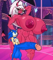 1girls absurdly_large_cock anthro ass beach big_ass big_breasts breasts colo_wwick_(editor) completely_nude completely_nude_female crossover demon demon_girl eastern_and_western_character edit female hands_on_hips height_difference hellaverse helluva_boss horns huge_ass huge_balls huge_breasts huge_cock imp interspecies larger_female long_hair nipple_bulge nude nude_female outdoors outside pink_body reupload smile sonic_(series) sonic_the_hedgehog succubus sunset tail tasteofchoklit_(edit) thick_thighs thighhighs two-tone_body verosika_mayday_(helluva_boss) white_hair wide_hips