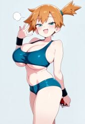 :d ai_generated alternate_breast_size bare_shoulders bikini blue_bikini blue_eyes blue_shorts blue_sports_bra blush breasts bursting_breasts cleavage clothing female gym_leader holding holding_poke_ball huge_breasts kasumi_(pokemon) large_breasts looking_at_viewer navel oerba_yun_fang open_mouth orange_hair poke_ball poke_ball_(basic) pokemon pokemon_(anime) pokemon_(classic_anime) pokemon_(game) pokemon_rgby ponytail puff_of_air short_hair short_shorts shorts side_ponytail skindentation smile smug solo sports_bikini sports_bra swimsuit thighs underboob undersized_clothes wristband