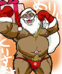 2010 anthro barely_visible_genitalia belly brown_body brown_fur bulge christmas clothing fur hat headgear headwear holidays japanese_text male male_only mammal moobs navel nipples overweight overweight_male santa_claus santa_hat solo suid suina sus_(pig) tetsuo_oshiba text underwear wild_boar