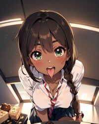 ai_generated ai_mirror allennilsen_(editor) braid breasts brown_hair candy classroom cleavage dark-skinned_female dark_skin desk edit female female_focus green_eyes half-closed_eyes horny horny_female isora_ounahi_(lemonyrocka) nipples nipples_visible_through_clothing open_mouth public saliva school school_uniform schoolgirl source_request suggestive suggestive_look suggestive_pose tongue tongue_out traced