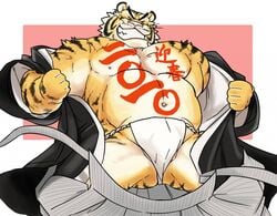 2010 anthro asian_clothing balls barely_visible_balls barely_visible_genitalia bulge closed_eyes clothing east_asian_clothing felid fundoshi humanoid_hands japanese_clothing male male_only mammal pantherine robe solo tetsuo_oshiba text tiger underwear