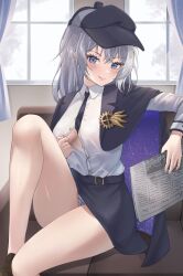 1girls blue_eyes blush cabbie_hat cape clothed clothed_female collared_shirt female female_only grey_hair hat hi_res jinmuxi_(user_pvha4443) licking_lips licking_own_lips light-skinned_female light_skin long_hair looking_at_viewer original original_character panties shirt shoes sitting skirt solo thighs tie variant_set