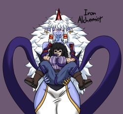 accessory angry annoyed arm_scar aroused ass belt belt_buckle big_breasts big_butt black_hair black_sclera bodily_fluids boots bottomwear breast_fondling breast_play breasts buckle butt_grab clothing colored demon dress ear_piercing ear_ring exposed_hips exposed_shoulder eyewear facial_scar female fondling footwear forced frown glasses hair hair_accessory hand_on_breast hand_on_butt hand_wraps hi_res horn human iron_alchemist jewelry larger_female lifted lifting lifting_partner long_hair long_tongue lustful_gaze male mammal markings metal metal_hand muscular muscular_female one_eye_half-closed oral oral_penetration osumihime_(ramia_yana) pants pattern_clothing penetration piercing purple_body purple_skin questionable_consent ramia ramia-yana rape red_eyes red_horn restrained restrained_arms restrained_by_tentacles restrained_legs ring_piercing rubbing rubbing_pussy saliva scar sex sharp_teeth shoes short_stack size_difference smaller_female striped_clothing stripes teeth tentacle tentacle_in_mouth tentacle_penetration tentacle_sex thick_thighs tongue white_hair wraps