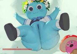 1girls :3 anthro ass big_ass blue_skin blush fat_ass fat_pussy female flower_crown flowers forastero huge_ass jumping looking_at_viewer looking_down looking_from_above low-angle_view peak_(videogame) pussy school_uniform shortstack standing sweat wide_ass