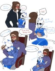 alternate_universe blue_body blue_eyes breast_grab breasts brown_hair clothing ectobody ectobreasts fanfiction female frisk horns male rule_63 sans seductive skeleton tail text undertale