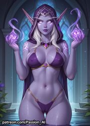 ai_generated bikini_top cameltoe erect_nipples female first_arcanist_thalyssra glowing_eyes hood_up huge_hips long_pointy_ears looking_at_viewer magic night_elf panties passion_ai pointy_ears purple_skin seductive seductive_look sexy tattoo thalyssra warcraft water wet white_hair world_of_warcraft