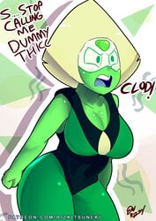 angry artist_name artist_signature ass big_breasts blue_tongue blush breasts clavicle cleavage clenched_hand clothed color english_text female female_only front_view gem gem_(species) hips hourglass_figure leotard miiyauwu open_mouth peridot_(steven_universe) rizkitsuneki solo solo_female steven_universe thick_thighs thighs tongue visor