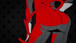 abstract_background animated ann_takamaki ass ass_focus ass_shake black_background bodysuit female gloves hand_on_own_hip looping_animation persona persona_5 red_bodysuit solo stitched tail