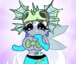 annetta_fish_(rayman) big_breasts black_pearl_cookie blue_clothing caramelpearl_(artist) cookie_run cookie_run_kingdom cosplaying_as_character fake_wings helmet long_hair mermaid mermaid_girl nymph nymph_(rayman) rayman rayman_(series) rayman_origins tagme white_hair