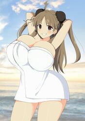 big_breasts breasts brown_hair bun_cover double_bun huge_breasts hyper_breasts long_hair looking_at_viewer renka_(senran_kagura) senran_kagura towel yaegashi_nan