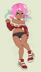 1girls bare_shoulders breasts cleavage dolphin_shorts female large_breasts looking_at_viewer navel nintendo shell_(retrogamerwren) shorts solo splatoon stracciatella strap_slip tentacle_hair thighs