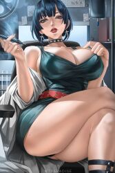 1girls atlus belt_buckle big_breasts blue_dress breasts brown_eyes chair cleavage clothing coat collar cross_earrings crossed_legs dark_blue_hair dress ear_piercing earrings female female_only hair holding_object huge_breasts labcoat legs_crossed lips mature mature_female mature_woman neckwear pen persona persona_5 short_hair solo solo_female spiked_collar tae_takemi thick_lips thick_thighs thighs wtparadise