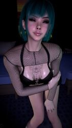 bed bedroom belly_button big_lips black_sclera blue_eyes breasts crashbanditkut dress ear earrings eyelashes eyeliner eyeshadow fishnets freckles freckles_on_face futanari green_hair hair light_skin lips lipstick long_eyelashes makeup mascara nail_polish nails nails_painted navel nose_piercing original piercing short_hair small_breasts smile smiling smooth_skin solo tattoo tattoos thick_thighs thighs trans trans_woman virt-a-mate virtamate voluptuous