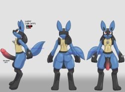 2024 anthro ass backsack balls big_balls big_penis black_body black_fur black_paws black_text blue_body blue_fur cute_fangs erection fangs flaccid front_view fur generation_4_pokemon genitals grey_background hi_res humanoid_genitalia humanoid_penis looking_forward looking_up lucario lucky_(mykiio) male measurements model_sheet mouth_closed multicolored_body multicolored_fur mykiio navel nintendo open_mouth open_smile penis pokemon pokemon_(species) rear_view red_eyes side_view simple_background smile solo spikes spikes_(anatomy) standing tail tan_body tan_fur teeth text url watermark