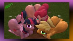 3d absurd_res anthro applejack_(mlp) ass big_butt biped breasts digital_media dj_ballistic5 equid equine fellatio female friendship_is_magic genitals group hair hasbro hi_res male male/female mammal my_little_pony nude oral outside penile penis pinkie_pie_(mlp) pupils sex text thick_thighs three-quarter_view tongue tongue_out twilight_sparkle_(mlp)