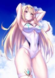 absurd_res alluring bangs big_breasts blonde_hair breasts female gem hakusai hakusai_(hksicabb) headpiece high_res long_hair mythra mythra_(radiant_beach)_(xenoblade) mythra_(xenoblade) nintendo one-piece_bikini ribbed_bikini strapless strapless_bikini striped swept_bangs swimsuit tiara vertical-striped_bikini vertical_stripes very_long_hair voluptuous white_one-piece_bikini white_swimsuit xenoblade_(series) xenoblade_chronicles_2 yellow_eyes