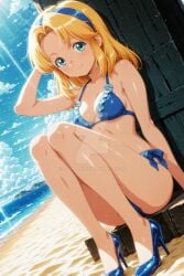 2025 ai_generated beach_background blonde_girl blue_bikini blue_heels blushing_at_viewer deviantart looking_at_viewer maria_robotnik sega shy_at_viewer shy_smile smiling_at_viewer sonic_the_hedgehog_(series) zoenaai