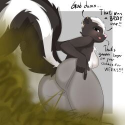 anthro ass black_and_white_fur blush breasts chest_tuft ear_piercing fart fart_cloud fart_fetish farting farting_at_viewer featureless_breasts female fluffy_tail furry green_fart head_tuft looking_at_viewer scentimental_(artist) skunk skunk_girl sweatpants tail talking_to_viewer tongue tongue_out topless topless_female white_hair