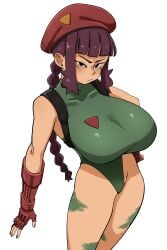 1girls beret breasts cammy_white_(cosplay) command_grab female green_leotard huge_breasts leotard long_hair looking_at_viewer nuclearwasabi purple_hair red_beret street_fighter viewed_from_above