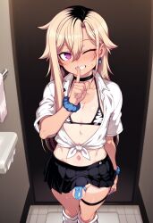 1boy 1femboy 2025 ai_generated alternate_version_available balls bikini bikini_top blonde_hair chastity_cage civitai crossdressing femboy feminine_male galgeon girly gyaru gyaru-oh indoors long_hair no_panties purple_eyes shh skirt smile smiling standing tan tan-skinned_femboy tan_body tan_skin tanline tanlines tanned tanned_skin testicles thick_thighs thighs trap wink winking