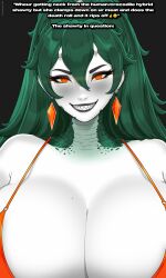 big_breasts black_eyeshadow black_lips black_lipstick breasts burningaq burningaq_(artist) cleavage crocodile crocodile_girl crocodile_humanoid eyeshadow glowing_eyes green_hair huge_breasts lipstick long_hair meme meme_caption meme_reference micro_bra mole_on_breast mole_under_eye monster_girl orange_bra orange_eyes original original_character originalcharacter ponytail seductive seductive_look seductive_smile sharp_teeth smirk smirking smirking_at_viewer teeth teeth_showing thick_eyebrows