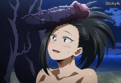 ai_generated anime_coloring anthro beach black_hair boku_no_hero_academia female hair_up happy_sex large_breasts mature_female momo_yaoyorozu my_hero_academia night nomu noumu_(boku_no_hero_academia) shiny_skin size_difference stickyai