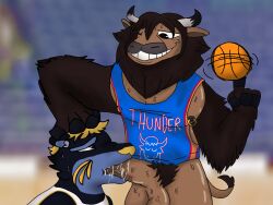 anthro ball basketball_(ball) bison bodily_fluids boomer_(indiana_pacers) bottomless bovid bovine clothed clothing duo felid fellatio genital_fluids glistening glistening_body hand_on_head hi_res indiana_pacers male male/male mammal nba nipple_piercing nipples oklahoma_city_thunder onikuma_(artist) oral pantherine penile piercing pubes rumble_the_bison saliva sex shirt shirt_only spinning_ball sweat tank_top topwear topwear_only whiskers