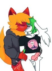 anonymous_artist anthro ass blonde_hair blush bodily_fluids canid canine canis cum cum_on_butt cum_on_shirt duo eeveelution flareon generation_1_pokemon generation_4_pokemon genital_fluids green_hair hair kissing legendary_pokemon male male/male mammal neck_tuft nintendo pokemon pokemon_(species) red_body reggie_(whygena) saliva shaymin sky_forme_shaymin sora_(fursora) tagme tuft white_body wolf