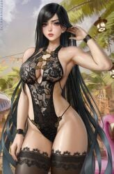 armpits artist_name bare_shoulders black_hair black_one-piece_swimsuit black_thighhighs blue_eyes breasts cg cleavage closed_mouth clothing_cutout cloud cowboy_shot dated female highleg jewelry lace-trimmed_legwear large_breasts leotard lips long_hair looking_at_viewer nail_polish nose one-piece_swimsuit outdoors palm_tree raven_(stellar_blade) sciamano240 signature sky solo standing stellar_blade swimsuit thighhighs thighs tree very_long_hair wet