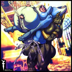 anal anubis balls big_balls big_breasts big_penis black_body black_fur blue_body blue_fur bodily_fluids breasts canid canine cum cum_in_ass cum_inside deity dnp101 egyptian_mythology fox full_nelson fur futanari genital_fluids genitals gold_accessories hi_res huge_balls huge_breasts huge_cock inflation intersex mammal middle_eastern_mythology mythology penis