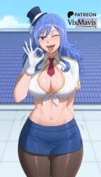 1girls ai_generated arm_behind_back black_headwear black_pantyhose blue_eyes blue_hair blue_headwear blue_skirt blue_sky blurry blurry_background blush breasts brown_pantyhose cleavage cloud collared_shirt cowboy_shot crop_top cum cum_on_body day fairy_tail fellatio_gesture female front-tie_top gloves hair_between_eyes hand_up hat juvia_lockser large_breasts long_hair looking_at_viewer midriff mini_hat mini_top_hat miniskirt motion_lines navel necktie ok_sign one_eye_closed open_mouth outdoors pantyhose patreon_username pencil_skirt red_necktie rooftop shirt short_necktie short_sleeves side_slit sidelocks skirt sky smile solo standing stomach teeth thighs tied_shirt tongue tongue_out top_hat vixmavis white_gloves white_shirt