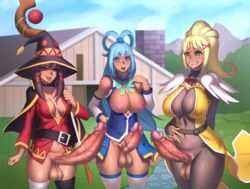 3futas aqua_(konosuba) balls breasts darkness_(konosuba) erection futa_only futanari huge_cock intersex kono_subarashii_sekai_ni_shukufuku_wo! large_breasts looking_at_viewer lycra_(artist) megumin nipples penis testicles