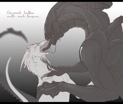 alien alien_(franchise) claws closed_eyes dragon duo excessive_saliva extreme_french_kiss feral feral_on_feral french_kissing fur furred_dragon furry gigren_(artist) greyscale hi_res horn hybrid internal kissing long_tongue male male/male monochrome open_mouth sharp_teeth teeth tongue xenomorph