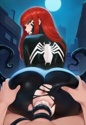 1boy 1girls ai_generated ass ass_focus ass_grab cum_in_pussy cum_inside female freckles goo_transformation long_hair looking_at_viewer looking_pleasured male marvel marvel_comics mary_jane_watson night pussy red_hair spider-man_(series) symbiote tendrils tittyg-ai vaginal_penetration
